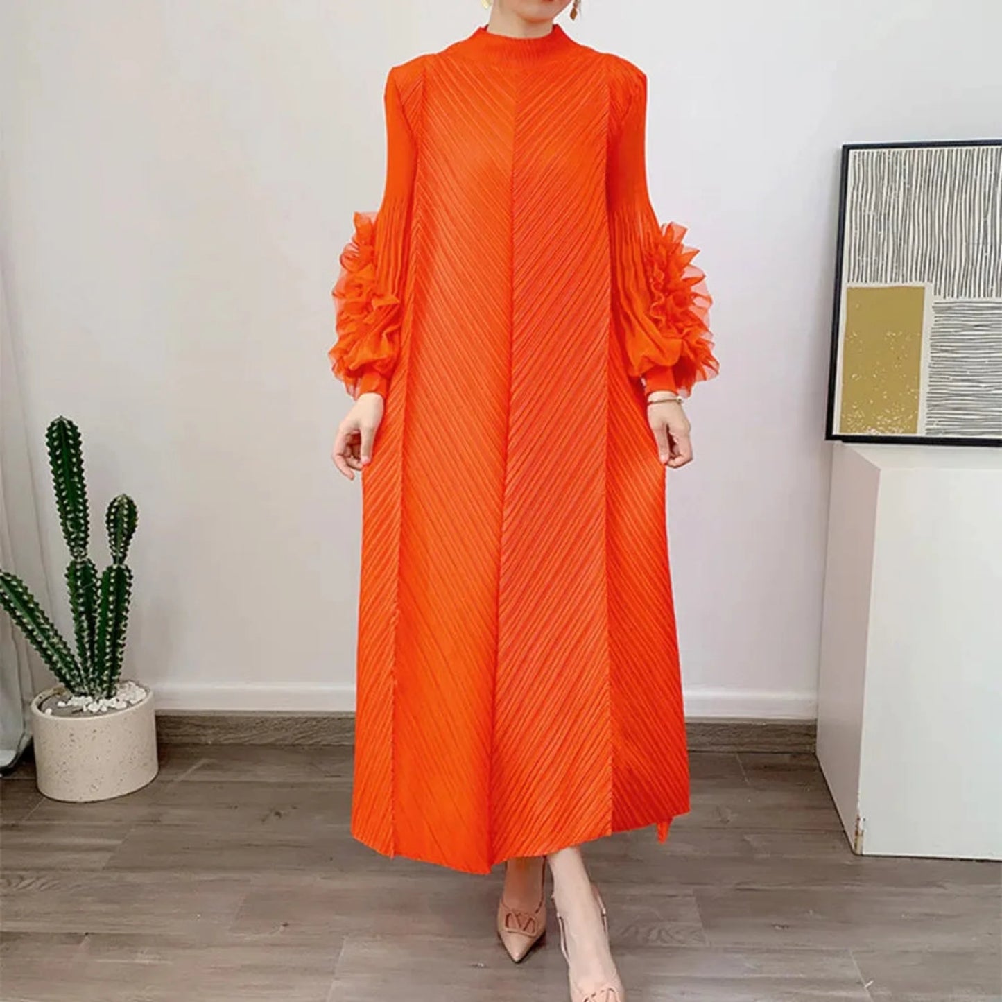 Japanese Plisse Pleated Ruffle Sleeves Midi Dress