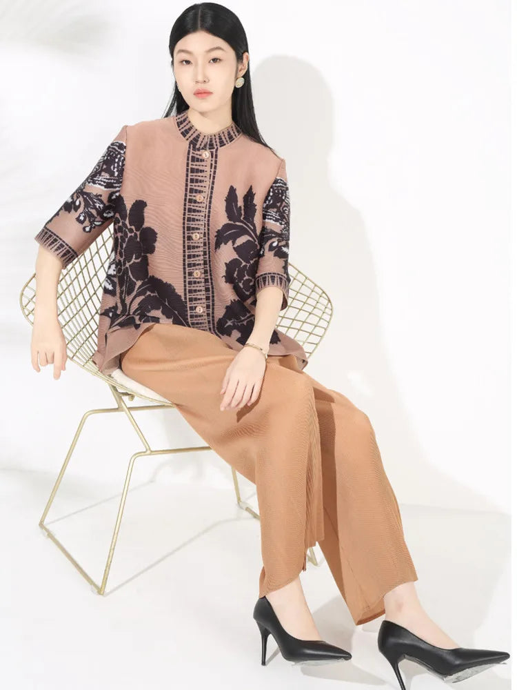 Plissé Set - Floral Top & Pleated Palazzo Pant