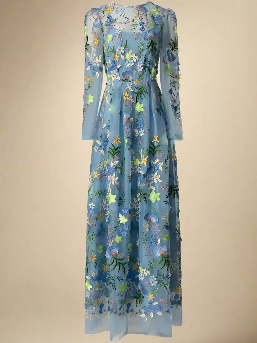 Blue Floral Embellished Long Sleeve Midi Dress