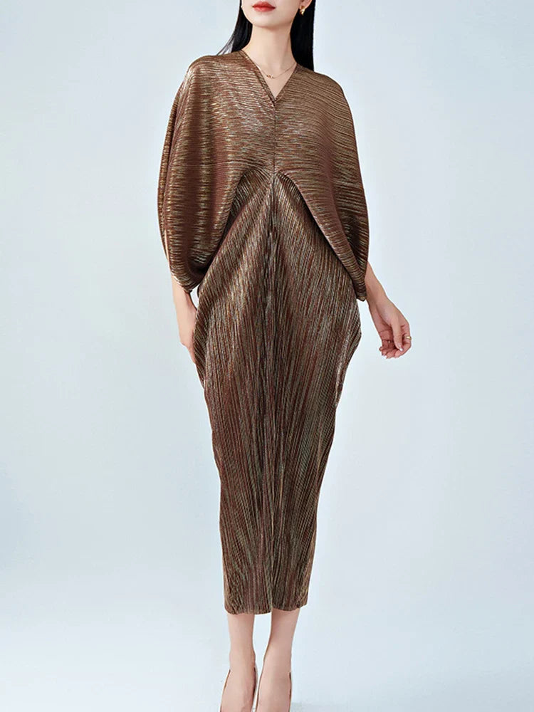 Women's V-Neck Flutter Sleeve Pleated Midi Dress