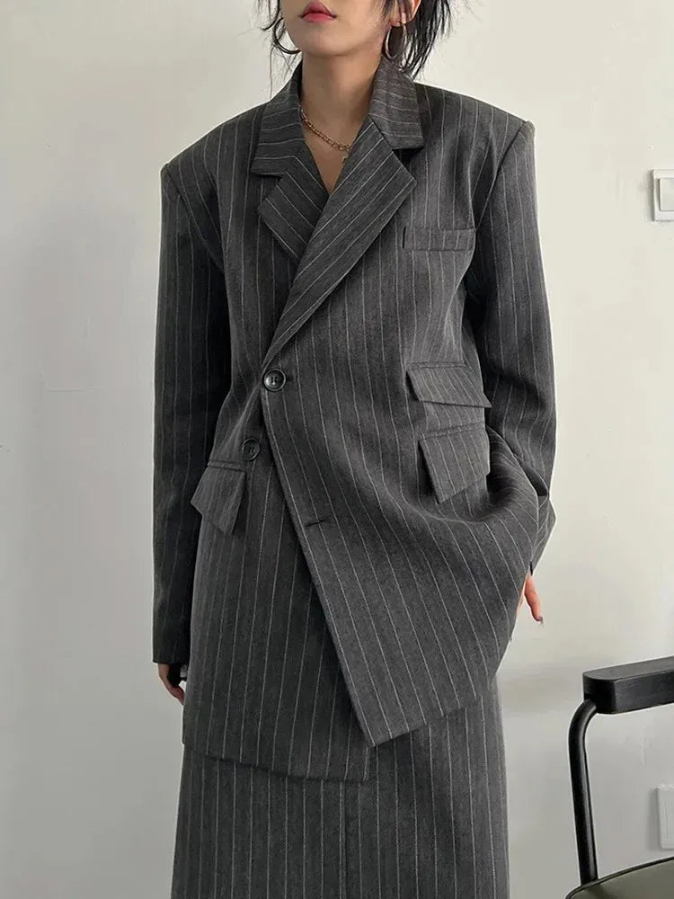 Asymmetrical Pinstripe Blazer & Maxi Skirt Suit