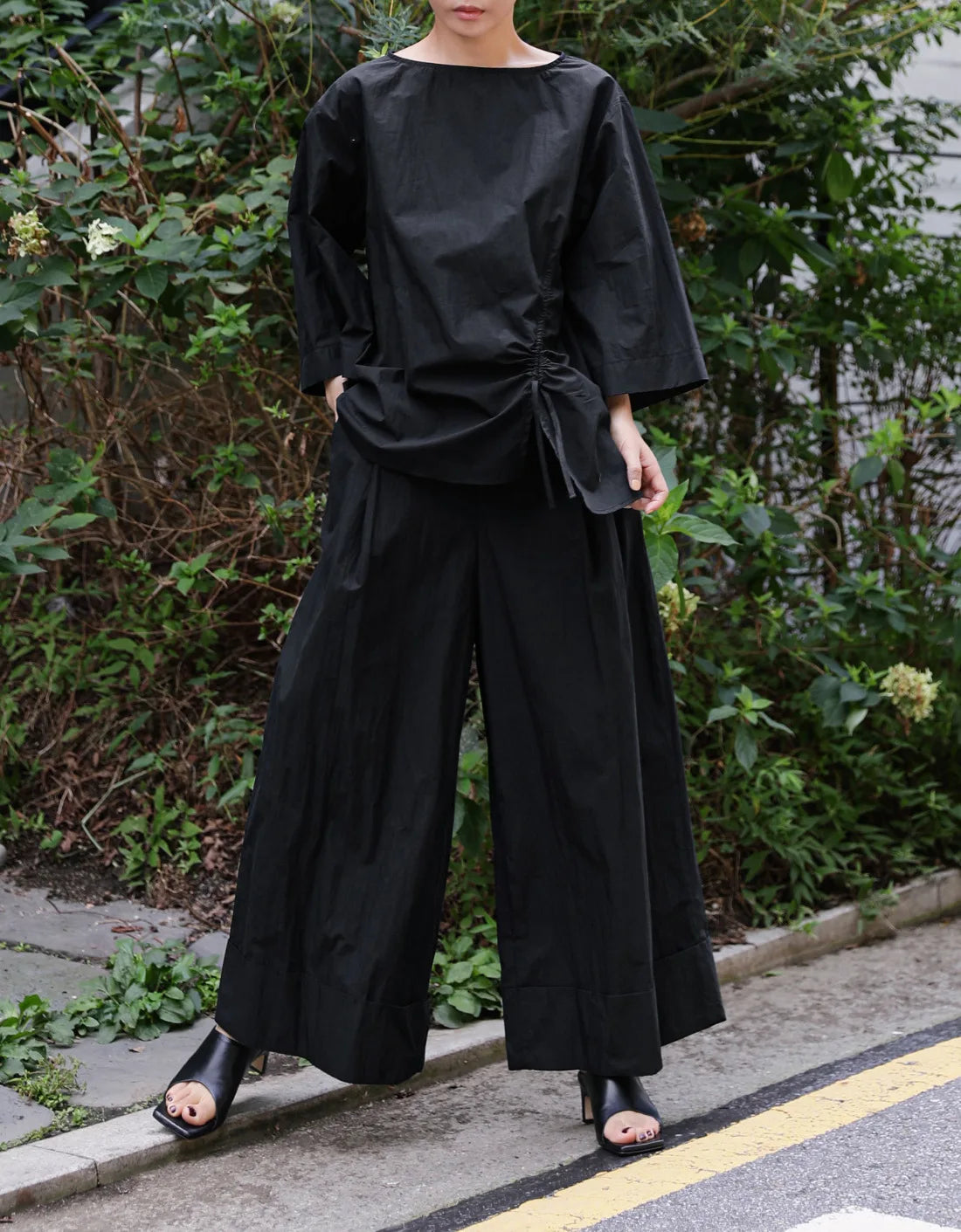 Cotton-Blend Wide-Leg Pants with Elastic Waistband