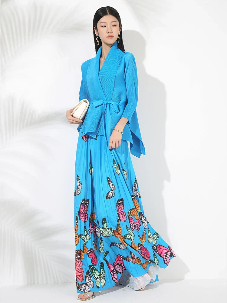 Women's Butterfly Pleated Modest Top & Flowy Skirt