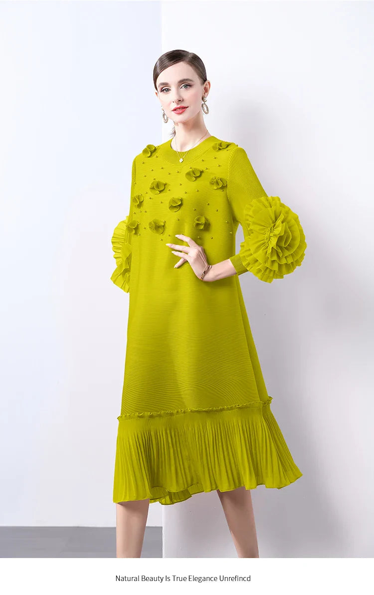 Cocktail Party Dress - Pleated Midi, Statement Sleeves