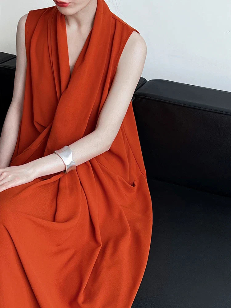 Elegant Draped Sleeveless Midi Dress with Pockets