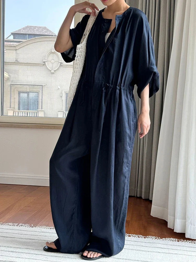 Oversized Linen Blend Jumpsuit - Wide Leg