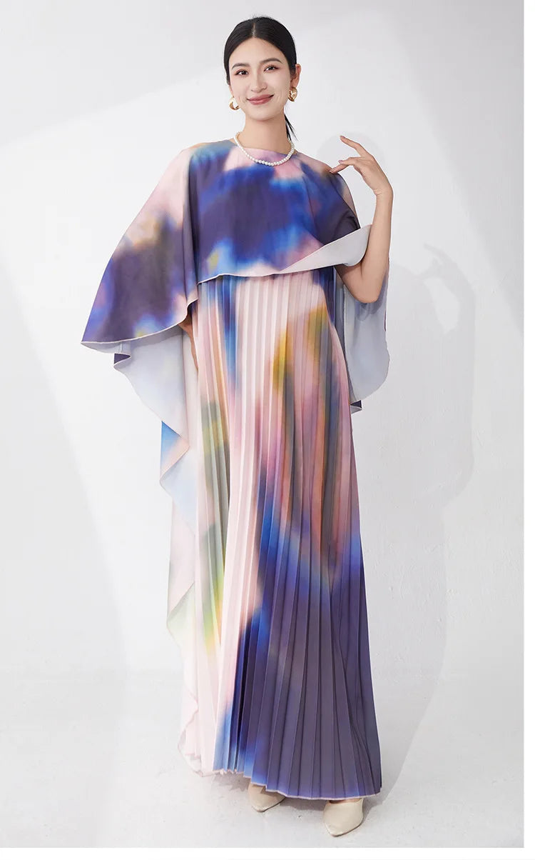 Pleated Watercolor Cape Dress