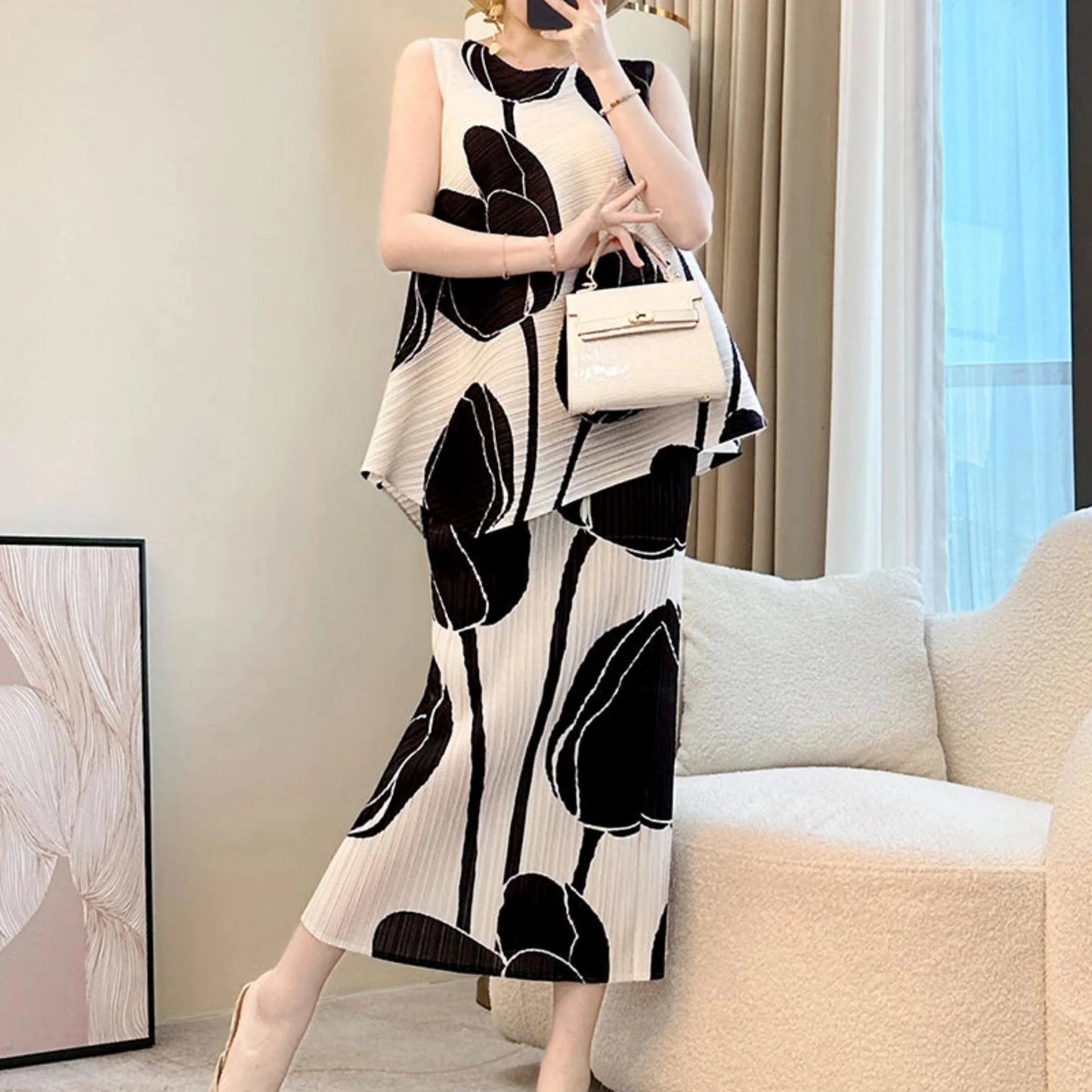 Pleated Tulip Sleeveless Top & Skirt Set