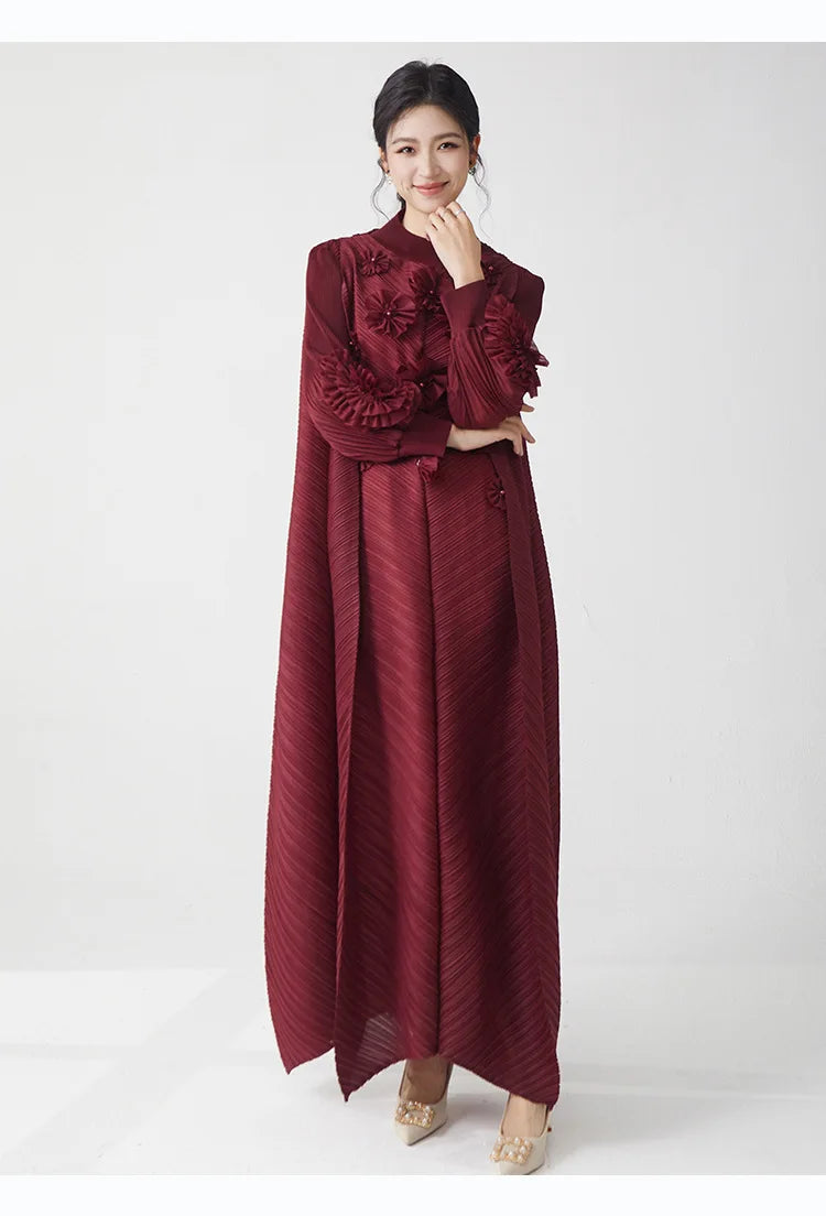 Luxe Plissé Pleated Floral Long Sleeve Dress