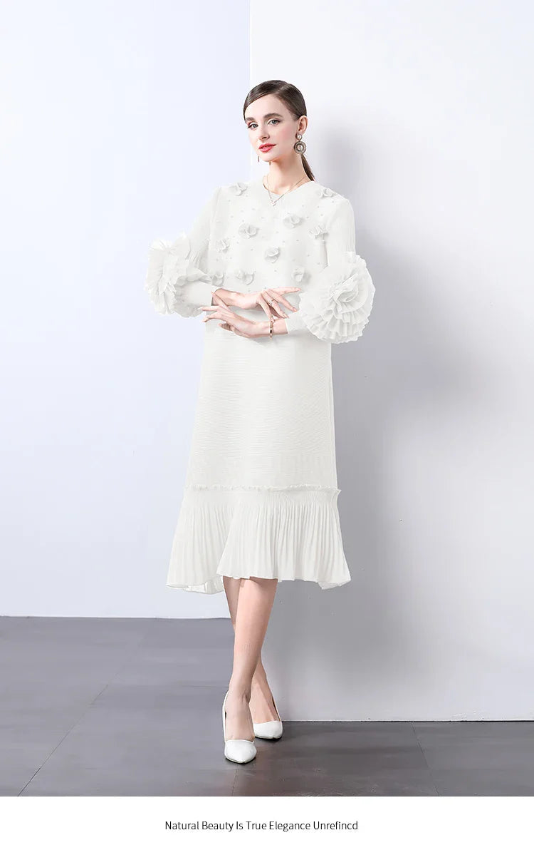 Cocktail Party Dress - Pleated Midi, Statement Sleeves