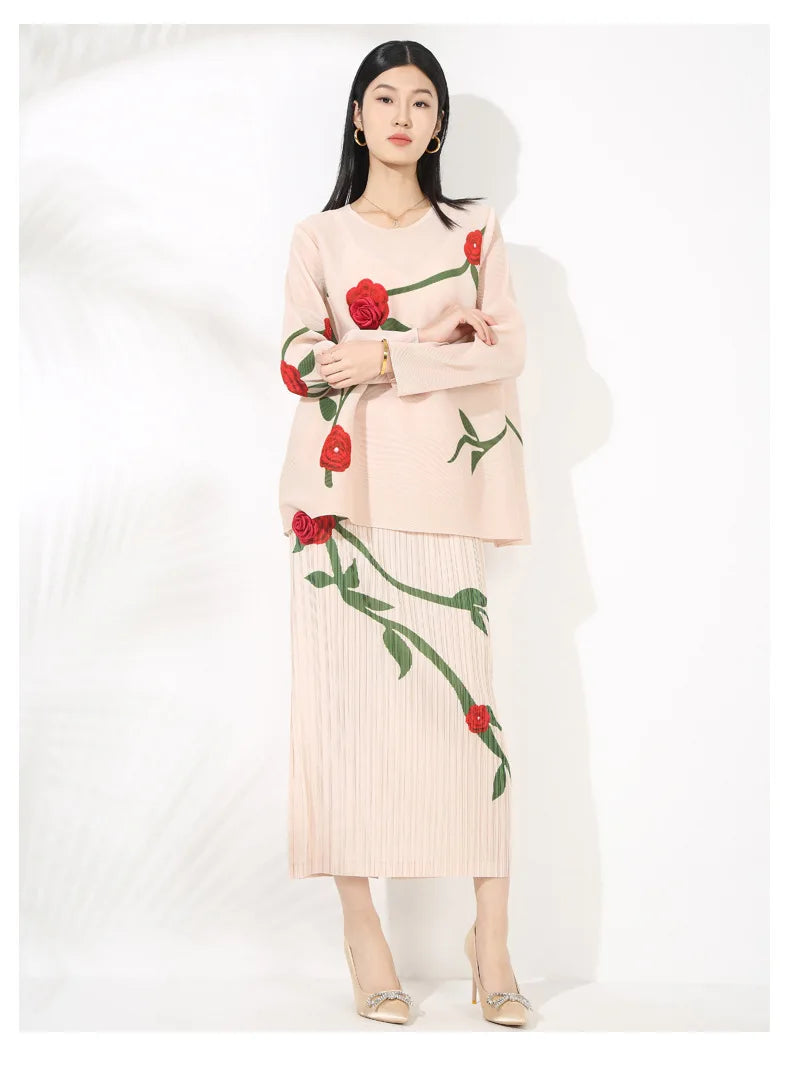 Luxe Feminine Rose Top & Pleated Skirt Set