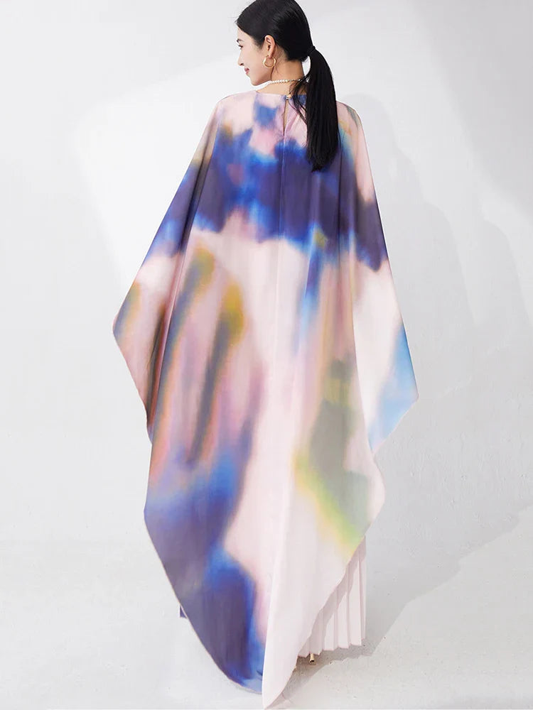 Pleated Watercolor Cape Dress