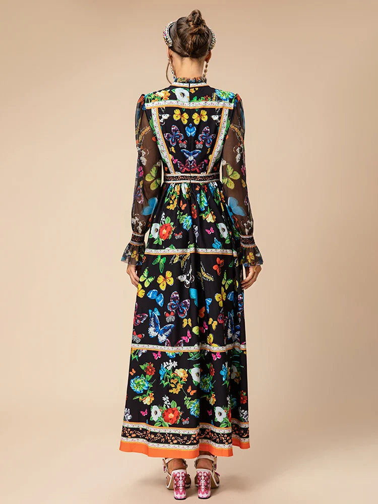 Boho Butterfly & Floral Midi Sheer Sleeves Dress