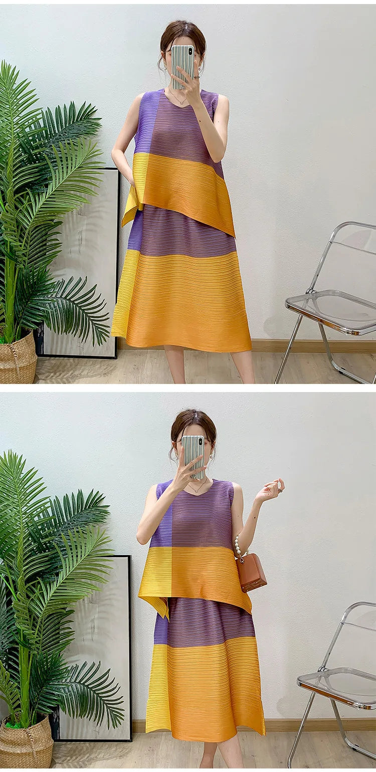Asymmetric Pleated Sleeveless Top & Skirt