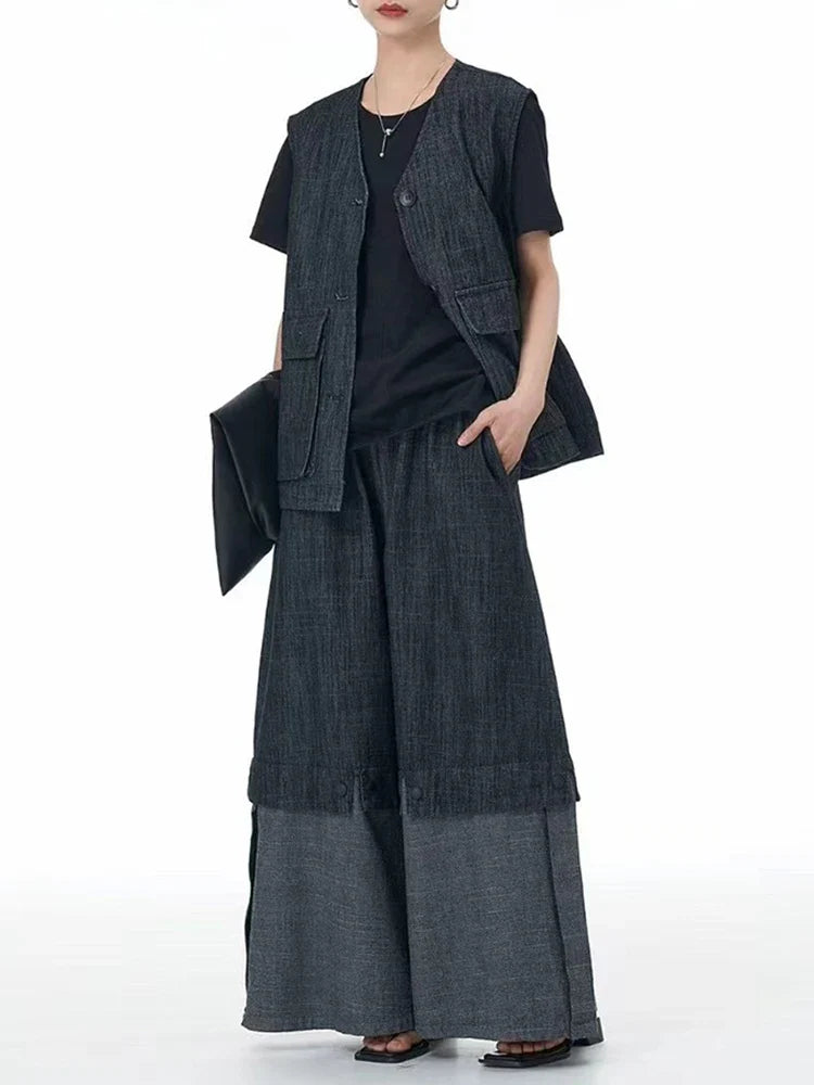 Cotton Denim Wide-Leg Pants with Elastic Waistband