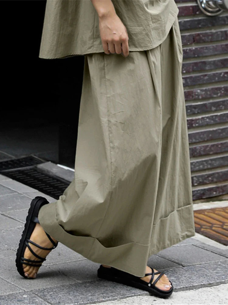 Cotton-Blend Wide-Leg Pants with Elastic Waistband