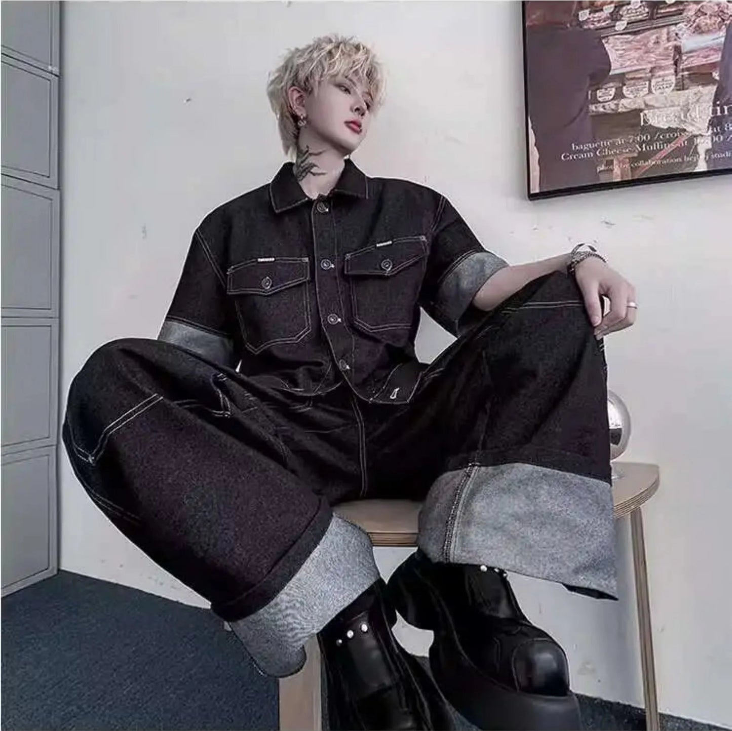 Men's Oversized Black Denim Two-Piece Set