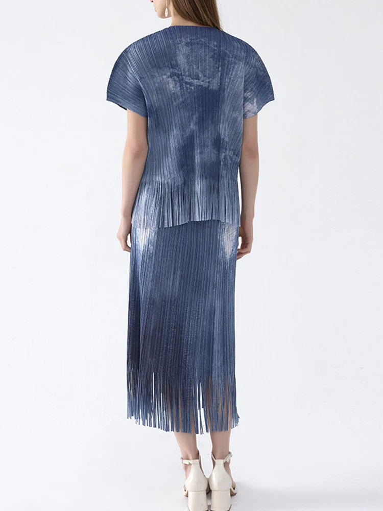 Luxury Pleated Fringe Pull-On Skirt & Top