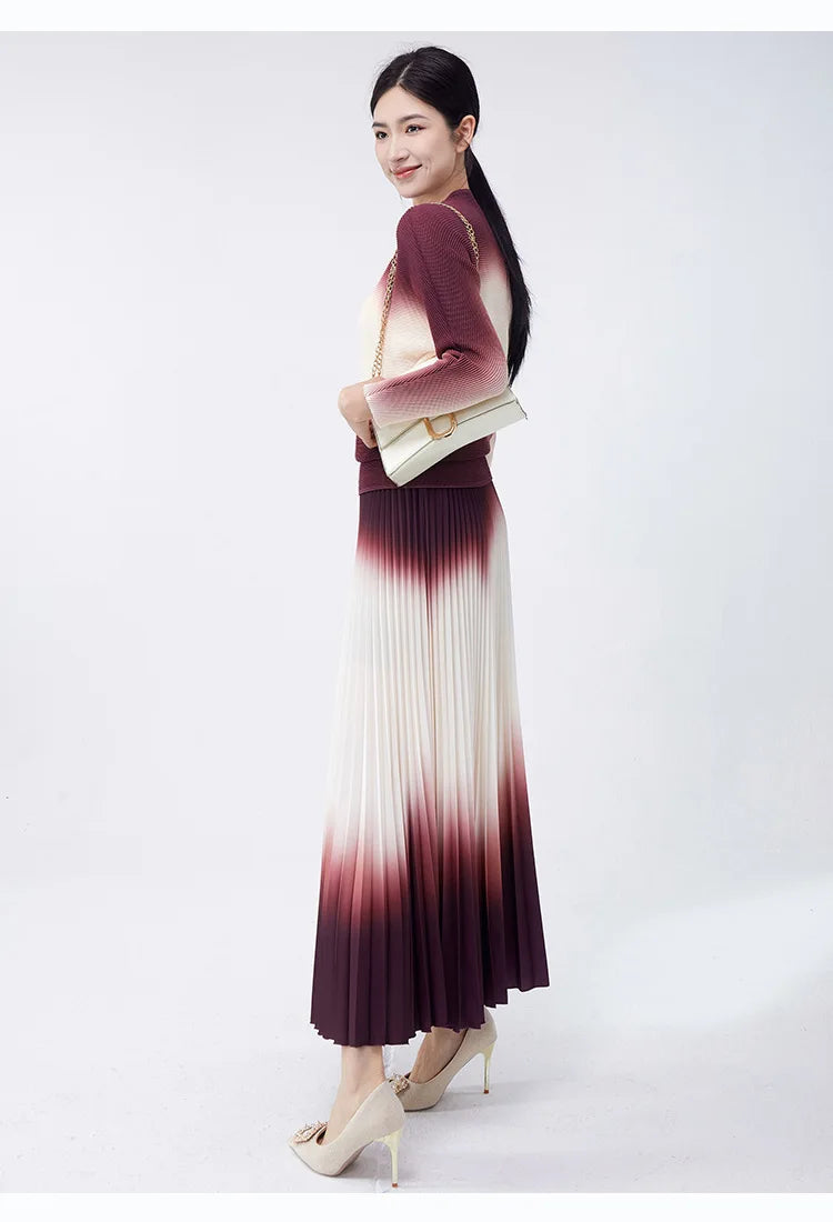 Luxury Burgundy Ombre Pleated Skirt & Top Co-Ord