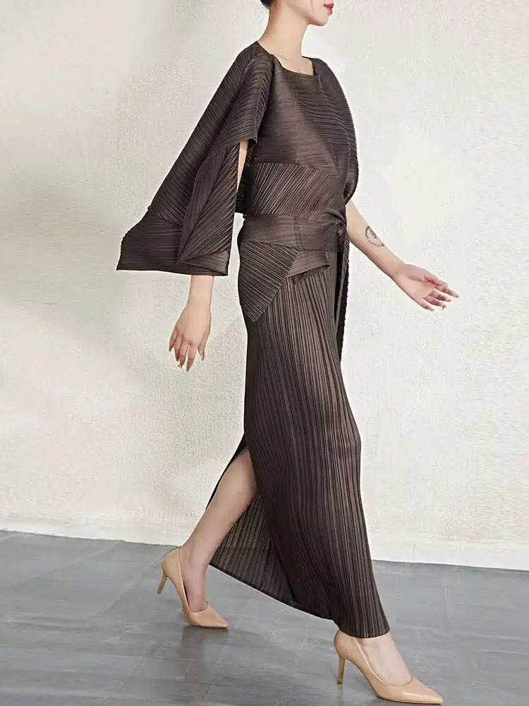 Luxury Pleated Midi Dress Cape Set