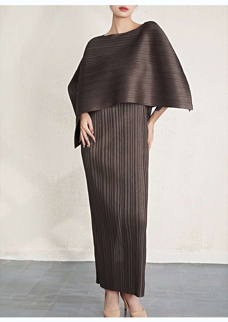 Luxury Pleated Midi Dress Cape Set
