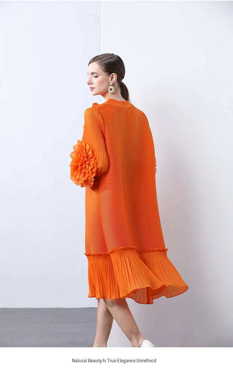 Cocktail Party Dress - Pleated Midi, Statement Sleeves