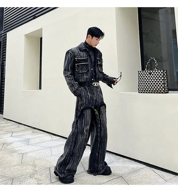 Men's Black Denim 2-Piece Set High Streetwear