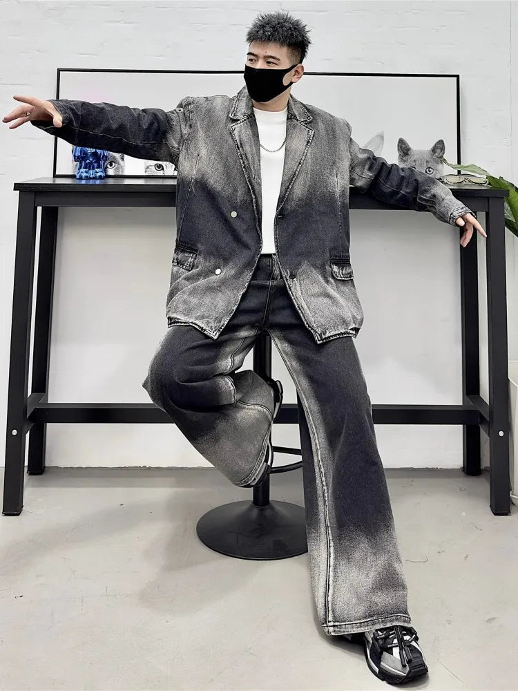 Retro Gray Denim Jacket and Jeans Set - Men's 2 Piece