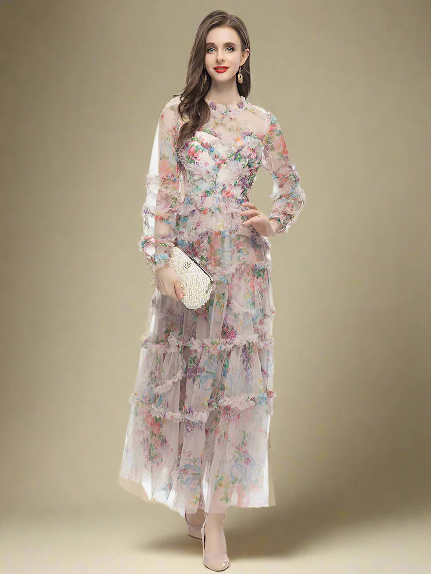 Elegant High Neck Ruffled Floral Midi Dress