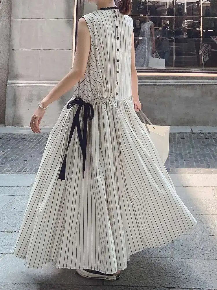 Cotton Sleeveless Striped Dress with Button Back