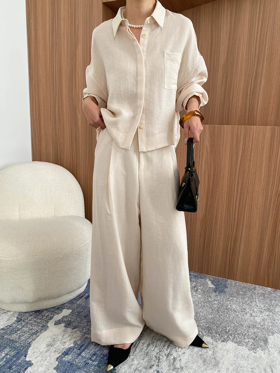Linen Button-Up Shirt & Wide-Leg Trousers Set