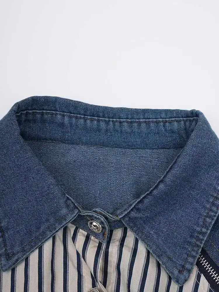 Denim Ruched Stripe Blouse