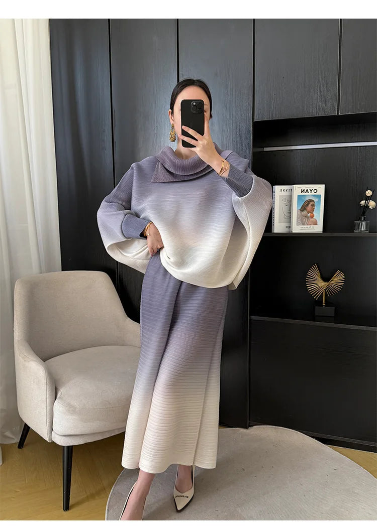 Couture Pleated Plissé Pull-On Tucked Trousers Set