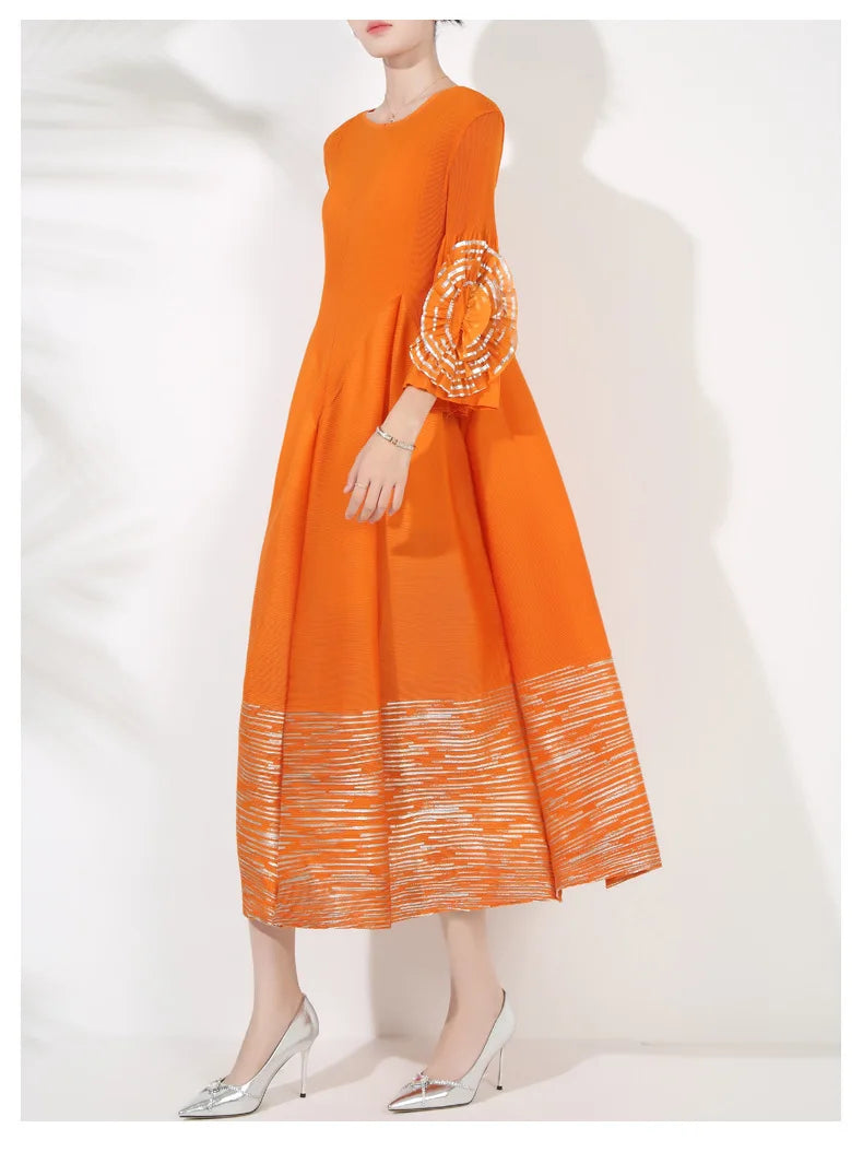 Couture Pleated Floral 3/4 Sleeve Midi Dress