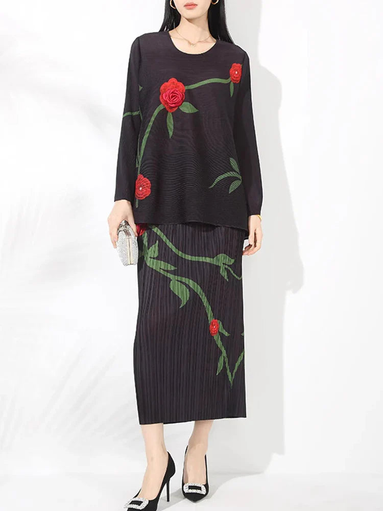 Luxe Feminine Rose Top & Pleated Skirt Set