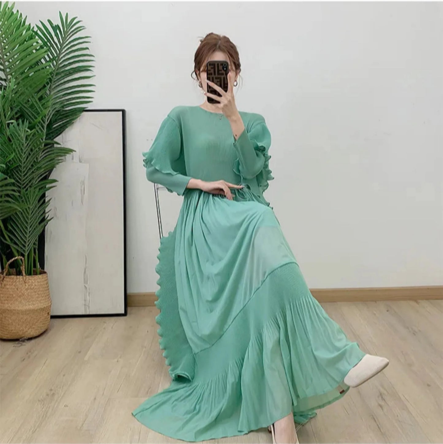 Designer Pleated Midi Dress - Ruffle Detail