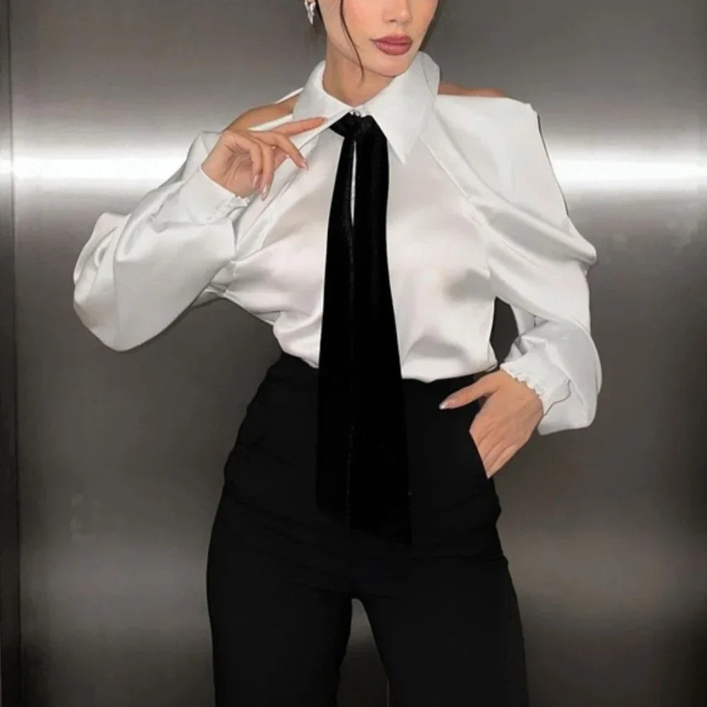 Satin Top with Dramatic Black Tie
