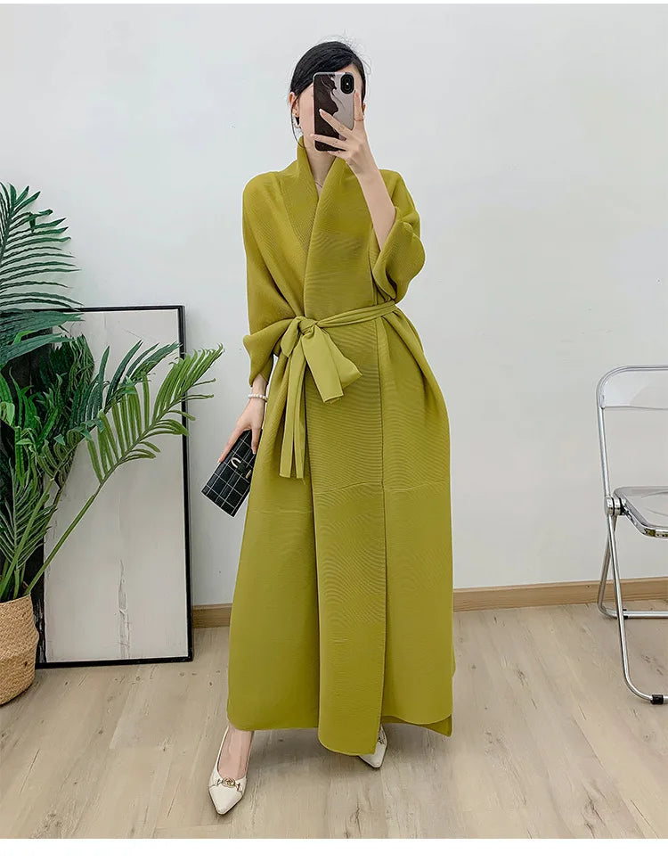 Couture Plissé Pleated Belted Robe Coat