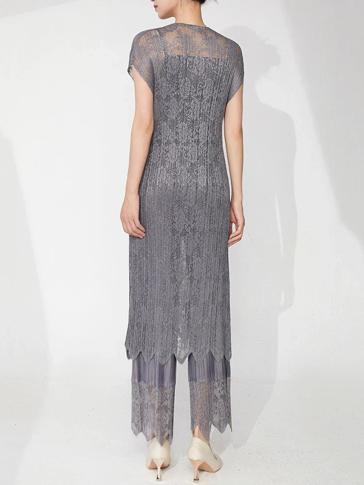 Lace Pleated Pant Suit 2-Piece Set