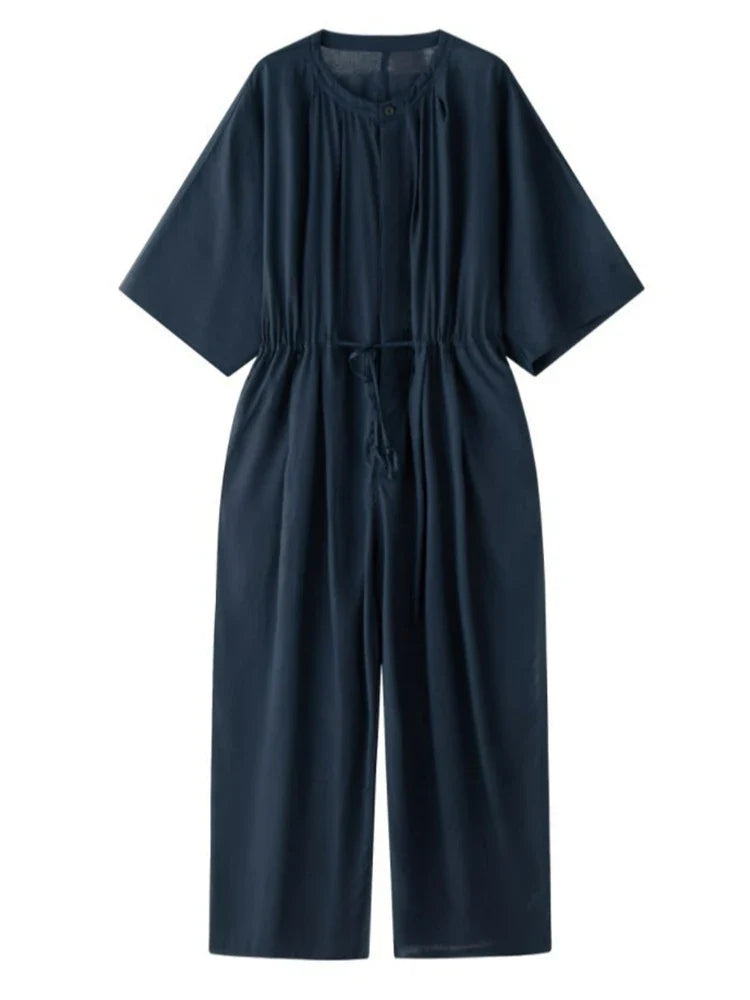 Oversized Linen Blend Jumpsuit - Wide Leg
