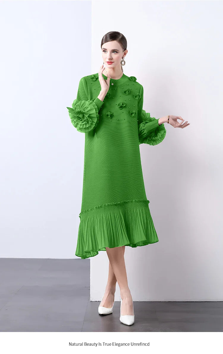 Cocktail Party Dress - Pleated Midi, Statement Sleeves