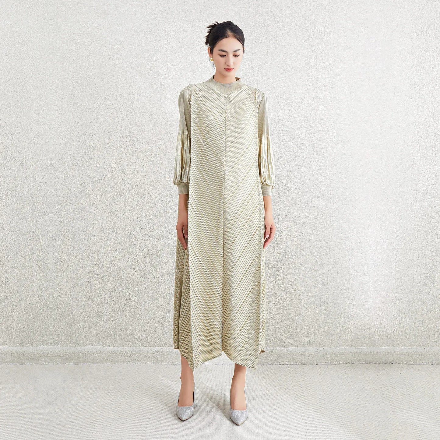 Metallic Pleated Midi Dress with Mock Neck & Bishop Sleeves