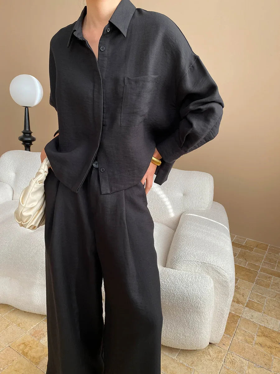 Linen Button-Up Shirt & Wide-Leg Trousers Set