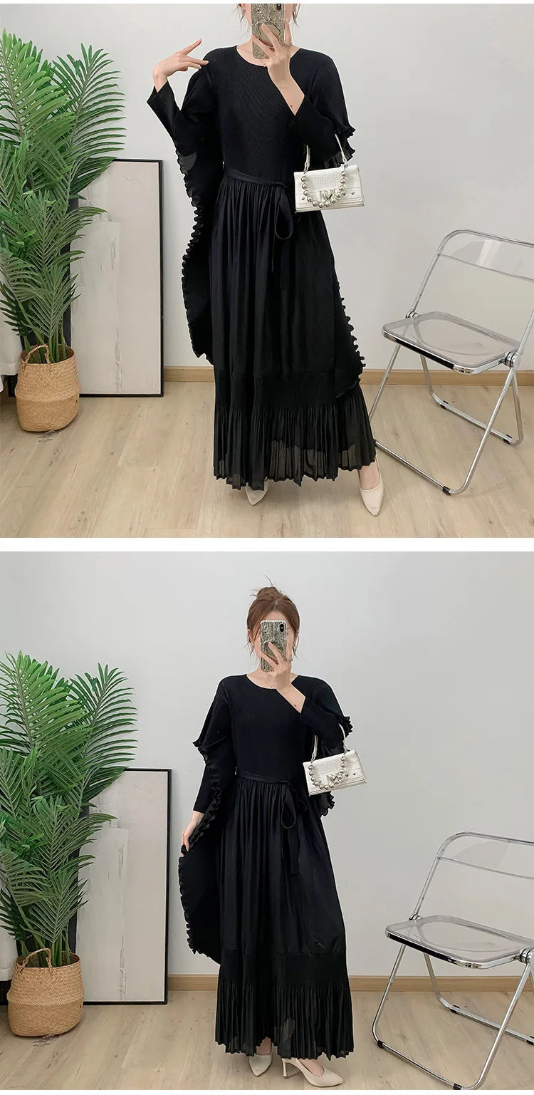 Designer Pleated Midi Dress - Ruffle Detail