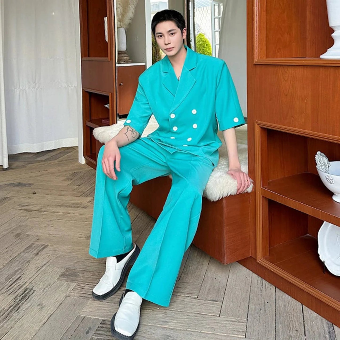 Men's Short Sleeve Blazer & Wide Leg Pant Set