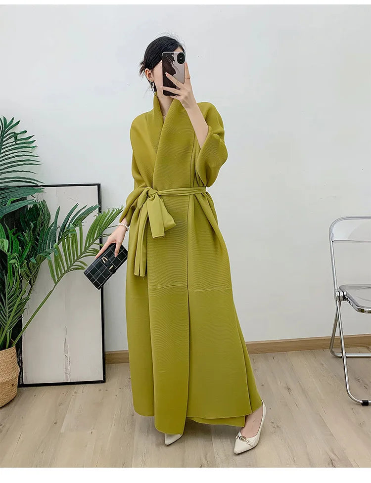 Couture Plissé Pleated Belted Robe Coat