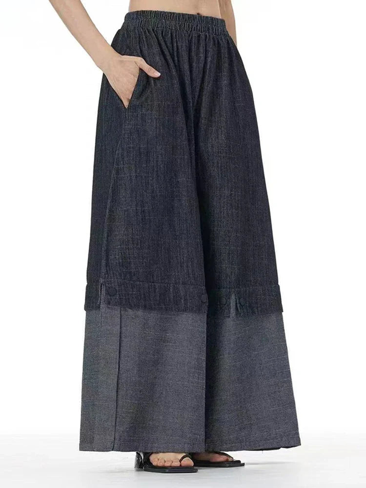 Cotton Denim Wide-Leg Pants with Elastic Waistband