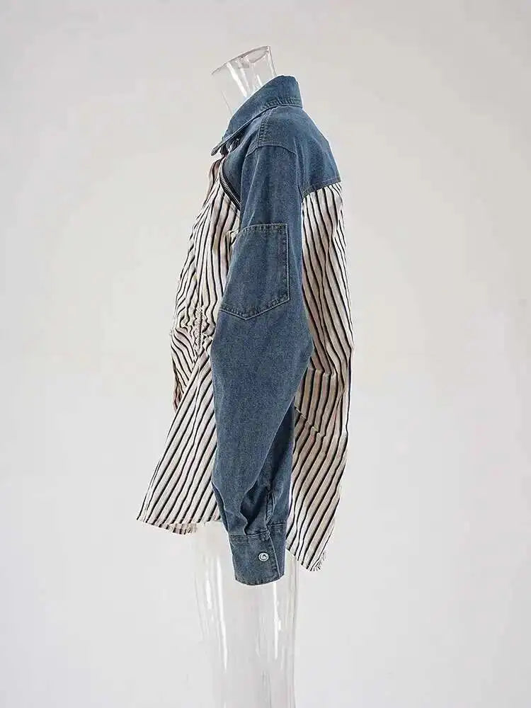 Denim Ruched Stripe Blouse