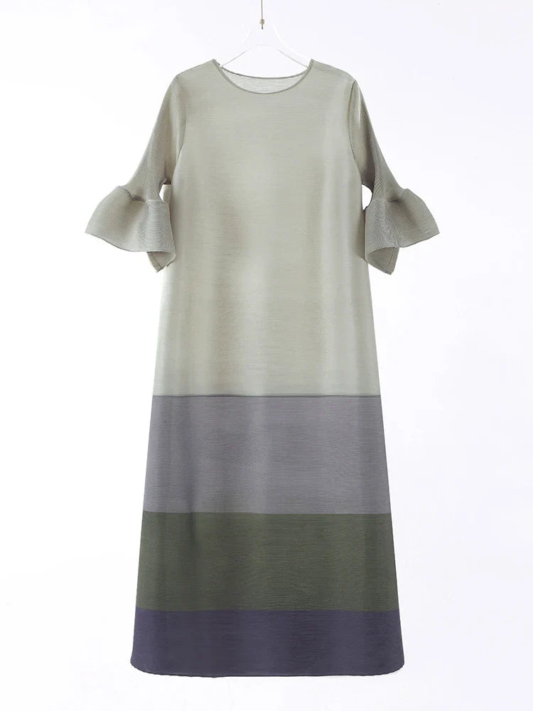 Japanese Pleated Midi Dress with Colorblock