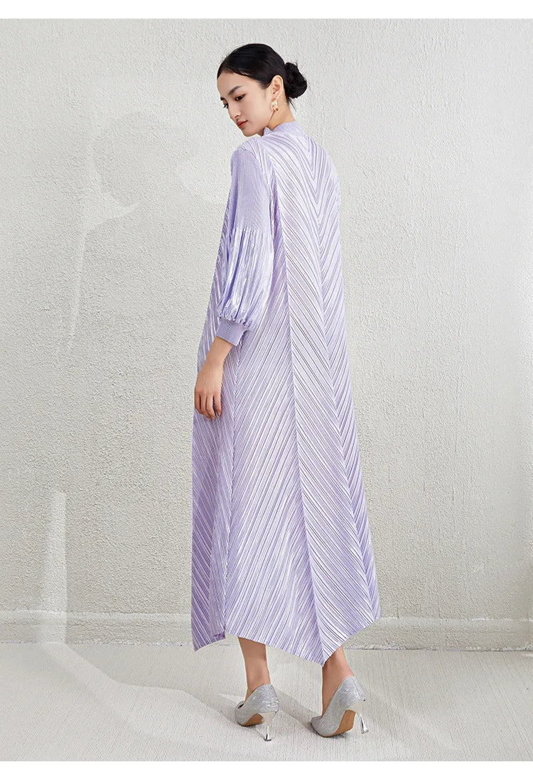 Metallic Pleated Midi Dress with Mock Neck & Bishop Sleeves